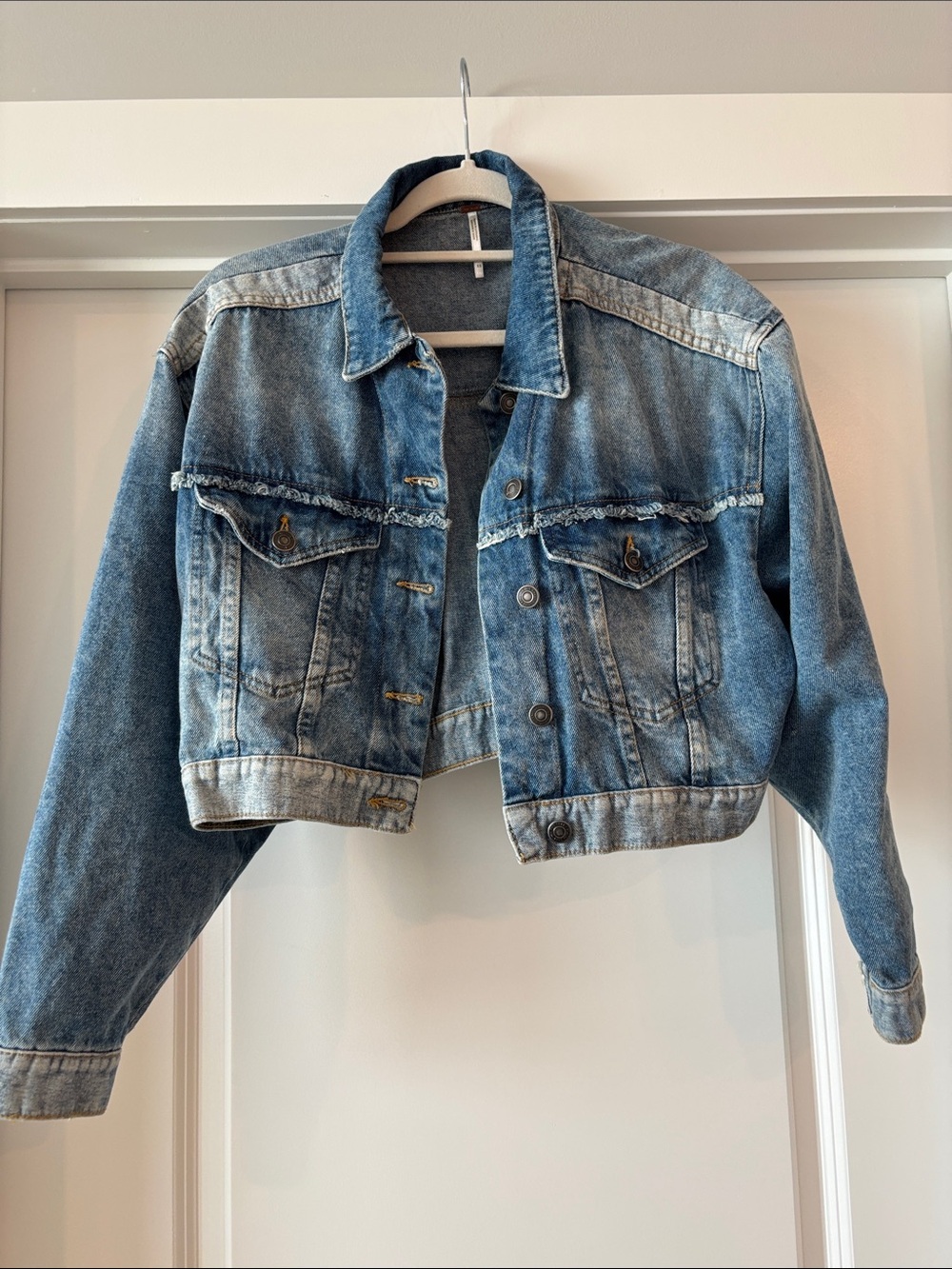 Free People Cropped Light-Mid Wash Denim Jacket